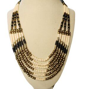Vintage Strand Beaded Necklace White Bead Tribal Boho Design Metal Clasp Closure